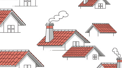 Seamless pattern of charming house rooftops with red tiled roofs and smoking chimneys, evoking a cozy, traditional neighborhood or village atmosphere and residential living.