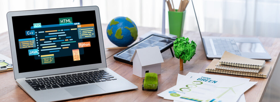 Software development or programming work with coding screen of various programming languages like HTML, , , and C brisk for new application development