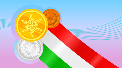 Winter sports medals with italian flag ribbon, vector illustration, banner with empty space, poster
