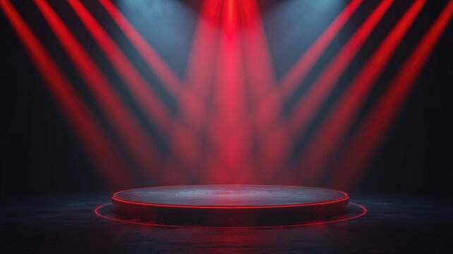 Dramatic red spotlight shining on empty circular stage in dark room