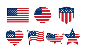 Fototapeta premium A set of 8 stylish vector icons/symbols in a patriotic ‘Made in USA’ / American pride style. Designed in a classic red, white and blue colour scheme, minimalistic and vector-based.