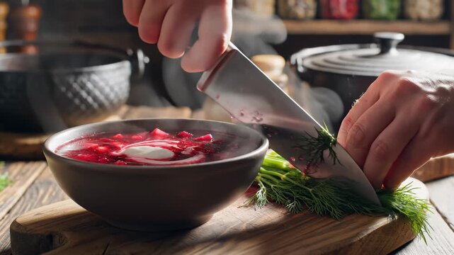 Chef Cutting Dill for Borscht Soup, Close Up