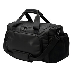 Naklejka premium A black duffel bag with multiple compartments on transparent background