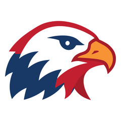 Obraz premium A stylised logo of a bald eagle's head in the patriotic colours of the United States: red, white and navy blue, with an orange (yellow-orange) beak.