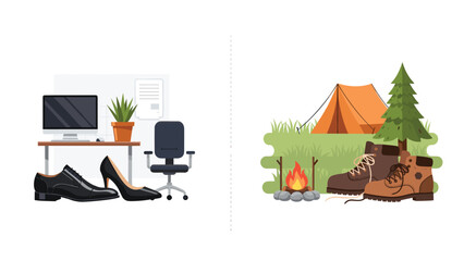 Conceptual image contrasting formal office footwear with rugged outdoor boots in a camping setting, symbolizing work versus leisure, professional life versus adventure, or different lifestyles.