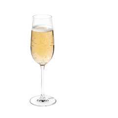 A champagne flute filled with bubbly champagne on transparent background