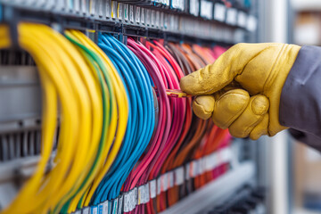 Close-up of hand organizing colorful electrical wires in control panel