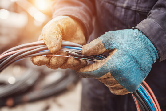 Electrician splicing thick industrial wires with protective gloves on hands