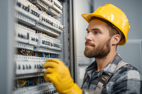Electrician inspecting electrical panel with yellow helmet and gloves