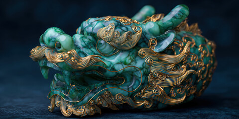 Jade chinese dragon head sculpture with gold filigree