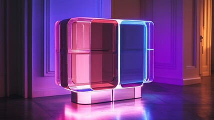 A futuristic cabinet with an illuminated base and touch-sensitive doors 
