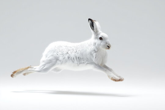 Arctic hare leaping with speed and agility on white background