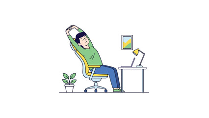 Relaxed man stretching his arms above his head while sitting in an office chair at a desk with a laptop, symbolizing a break from work, stress relief, and promoting workplace wellness.
