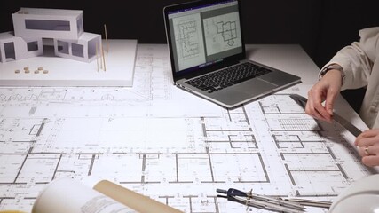 Architect carefully drawing detailed blueprints for a new construction project at a cluttered desk with laptop, scale model, ruler and pens, showing precision and professional focus, close up