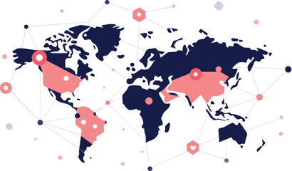Global map with highlighted regions and markers indicating international connections