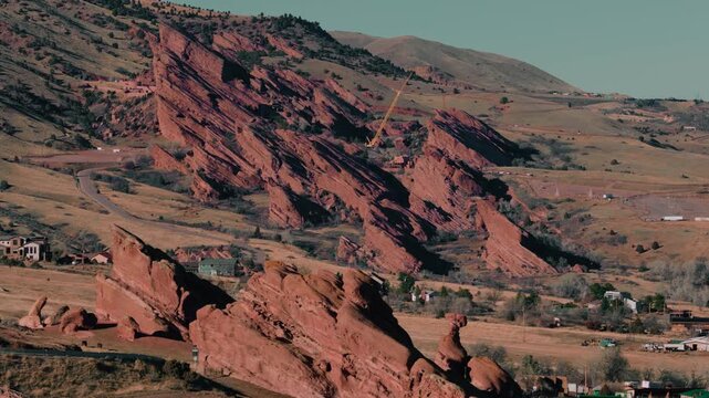 Red Rock landscape and hills on a sunny day, aerial video, Denver, Colorado 4K
