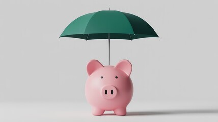Protected savings piggy bank with green umbrella on gray