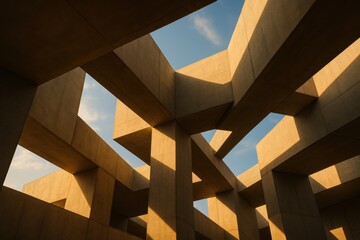 Exploring abstract architecture with dynamic shadows urban daylight low angle perspective