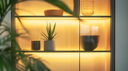 A glass cabinet with frameless panels and adjustable LED lighting 