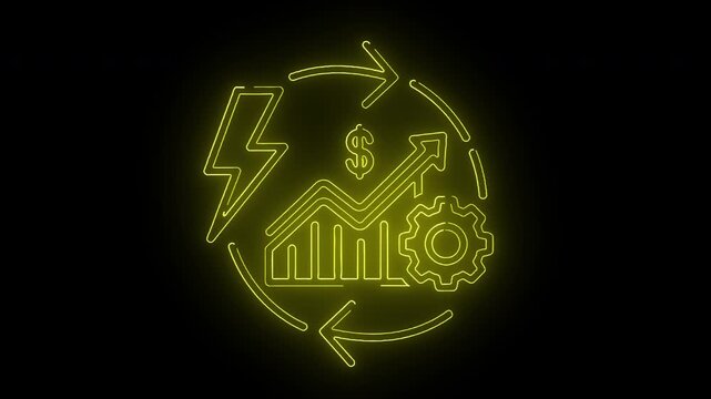 Neon green line icon of a cyclical process with a lightning bolt, growing graph, dollar sign, and gear on a black background with a white bottom border.