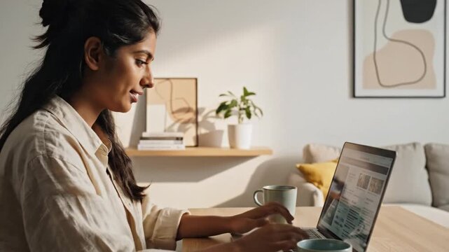 Woman working on laptop at home office desk with natural light