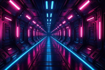 Futuristic neon corridor exploration sci-fi environment digital cyberpunk aesthetic abstract viewpoint