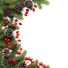 photorealistic flat lay of lush fir branches, frosted pinecones, and vibrant red rosehip berries arranged in a crescent frame on a white textured background with ample copy space. concept of elegant