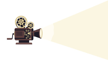 Vintage film projector with reels casting a bright light beam, symbolizing cinema, filmmaking, entertainment, and the classic era of movies and visual storytelling in a retro style.