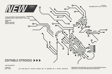 Abstract circuitry designs showcasing geometric and minimalist aesthetics with editable strokes