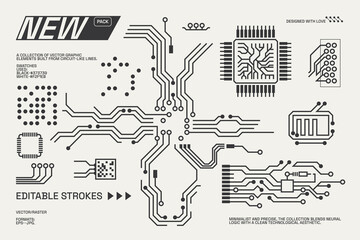 Abstract circuitry designs showcasing geometric and minimalist aesthetics with editable strokes