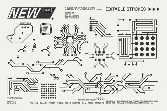 Abstract circuitry designs showcasing geometric and minimalist aesthetics with editable strokes