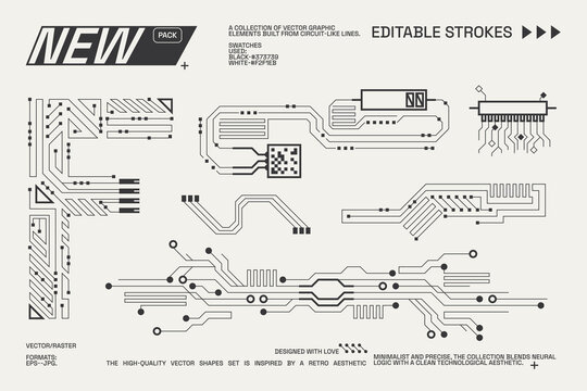 Abstract circuitry designs showcasing geometric and minimalist aesthetics with editable strokes