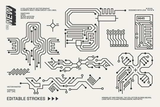 Abstract circuitry designs showcasing geometric and minimalist aesthetics with editable strokes