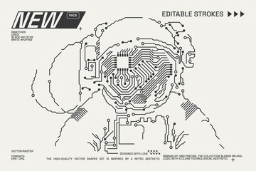 Abstract astronaut representation featuring intricate circuit patterns with editable strokes