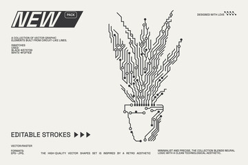 Abstract circuitry designs showcasing geometric and minimalist aesthetics with editable strokes