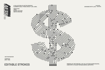 Abstract circuitry designs showcasing geometric and minimalist aesthetics with editable strokes