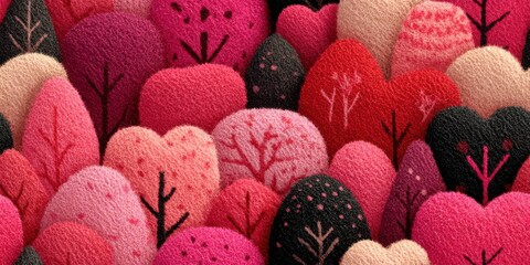 Adorable felted forest of heart shaped trees in vibrant colors
