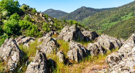 Mountain landscape with large granite rocks on the peaks of central Spain.