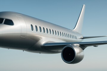 Fototapeta premium Aerial view of a sleek silver airplane in clear sky aviation high angle