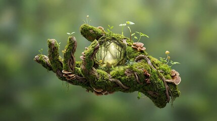 A hand covered in lush greenery and vines holding a glowing egg in a serene forest environment from a close-up viewpoint