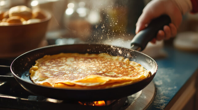 Cooking thin crepe in frying pan with flour dust, close-up kitchen scene