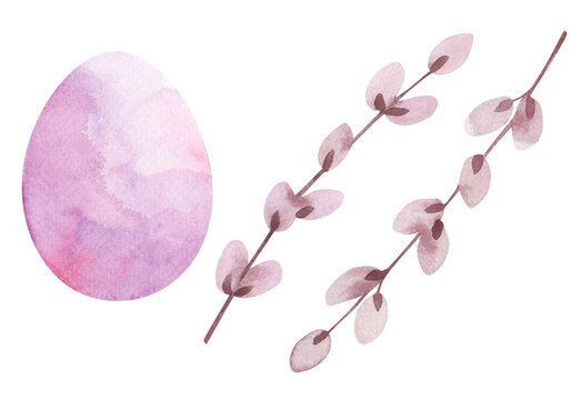 Watercolor Easter elements featuring a pastel egg and pussy willow branches. Soft spring colors create a gentle and child friendly mood for holiday cards and decorations.