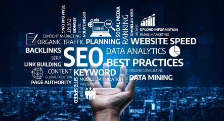 A creative representation showcasing a hand reaching towards a collection of SEO-related keywords, highlighting digital marketing techniques and data analytics against a city backdrop. Tessel