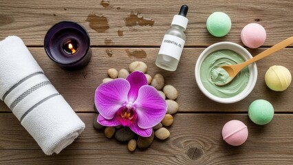 Relaxing spa essentials on wooden table with candle and orchid