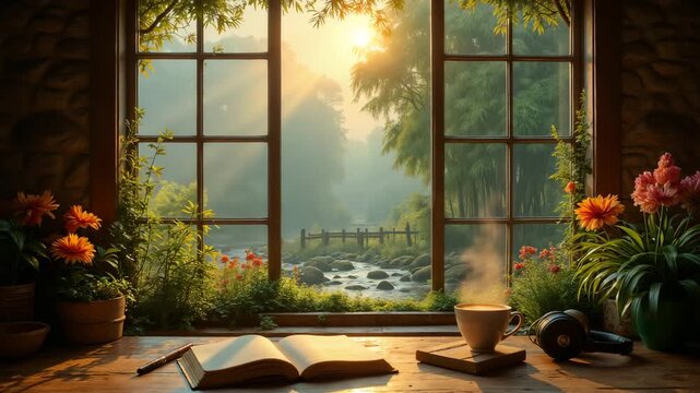 Remote work morning by window with laptop workspace, coffee and nature view