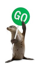 Fototapeta premium seal holding a green go sign, road sign, on a white background, animal graphic