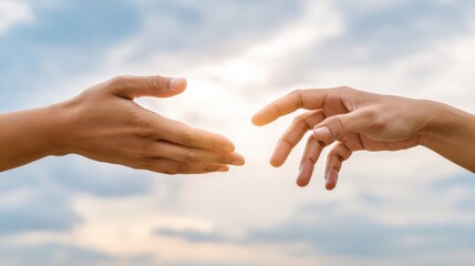 Hands extending to offer help and guidance. Concept of trust, teamwork, empathy and mutual support in peaceful sky background