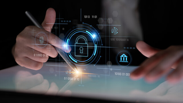 Cybersecurity system interface with biometric lock and data protection. Cybersecurity protects access, identity, cyber security prevents threats, and cyber security supports digital systems. Latch - Powered by Adobe