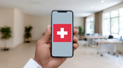 Hand holding smartphone displaying medical help icon in modern office. Emergency assistance and digital healthcare concept with mobile app for first aid, support and safety services