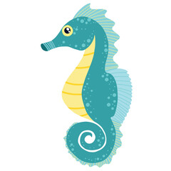 Obraz premium Cute kids style teal seahorse isolated underwater sea animal vector illustration